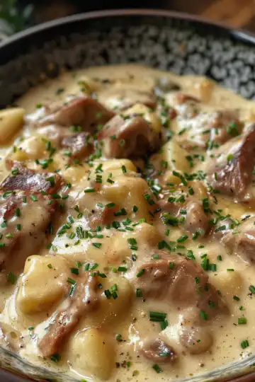 Creamy Pork and Apple Casserole with Cider taken with iphone 15 pro max --iw 2 --ar 4:5 --v 6.0 --raw