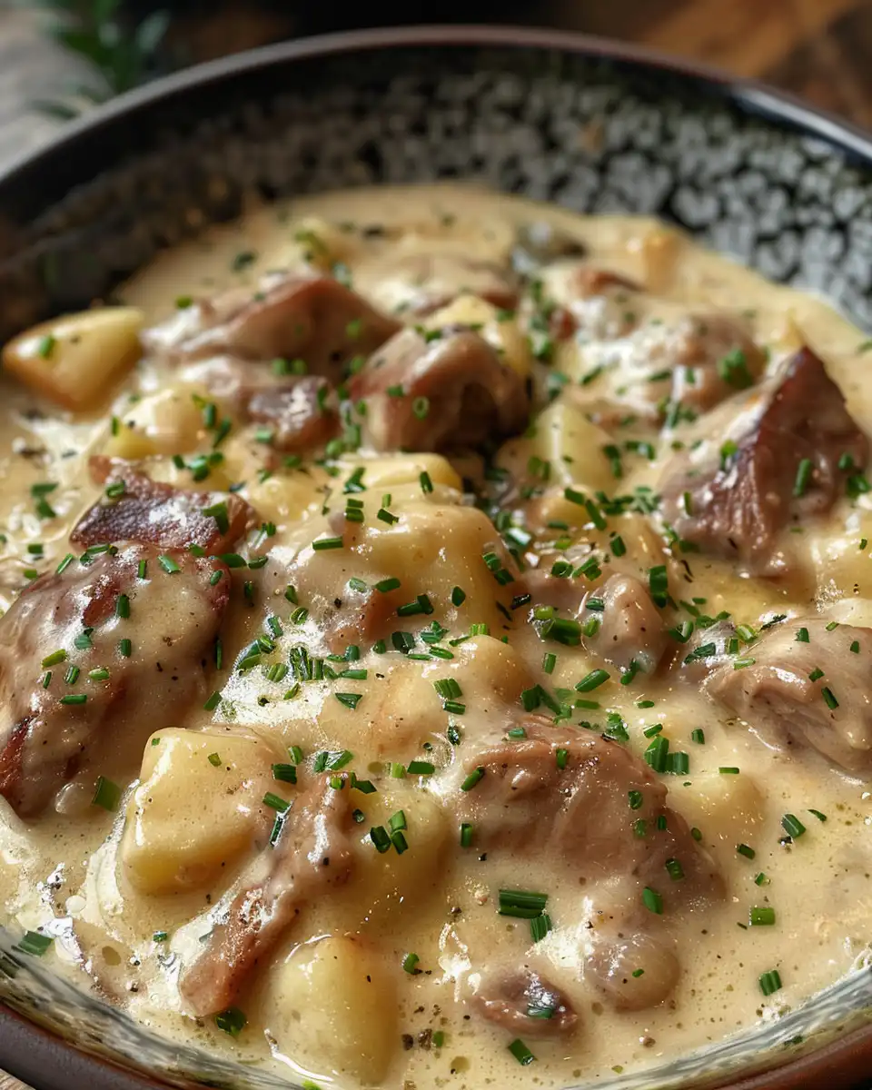Creamy pork and apple casserole with cider cooking in pressure cooker
