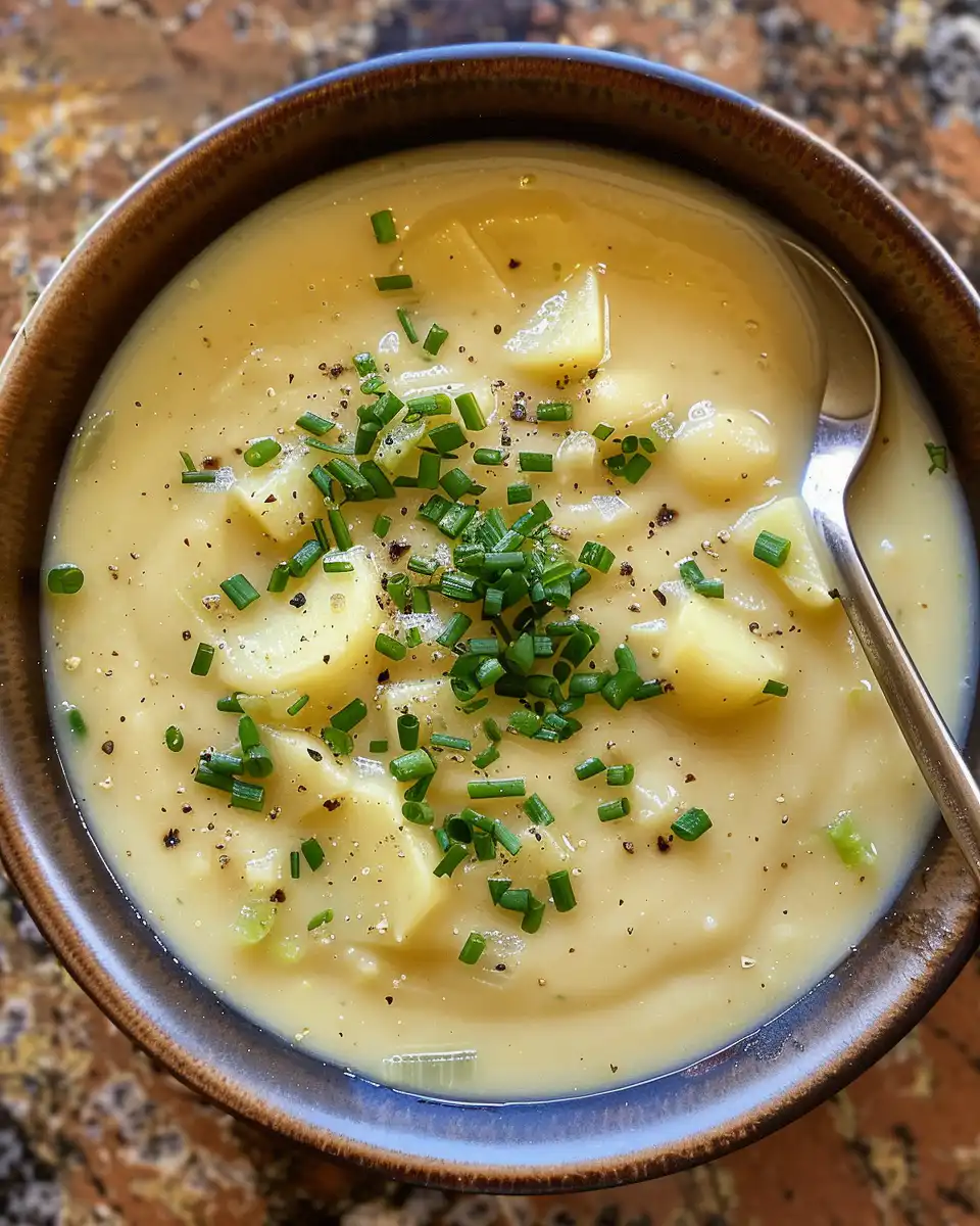 Served creamy potato leek soup garnished with herbs