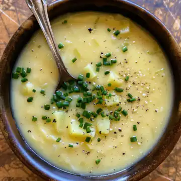 Creamy Vegan Potato Leek Soup taken with iphone 15 pro max --iw 2 --ar 4:5 --v 6.0 --raw