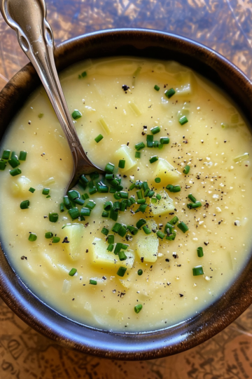 Creamy Vegan Potato Leek Soup taken with iphone 15 pro max --iw 2 --ar 4:5 --v 6.0 --raw