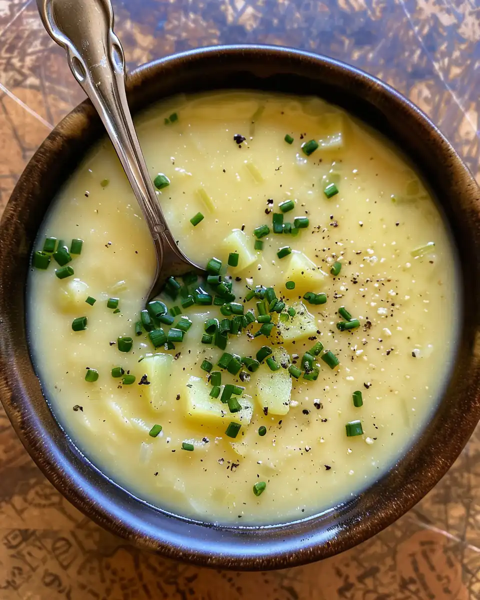 Creamy vegan potato leek soup steaming in pot