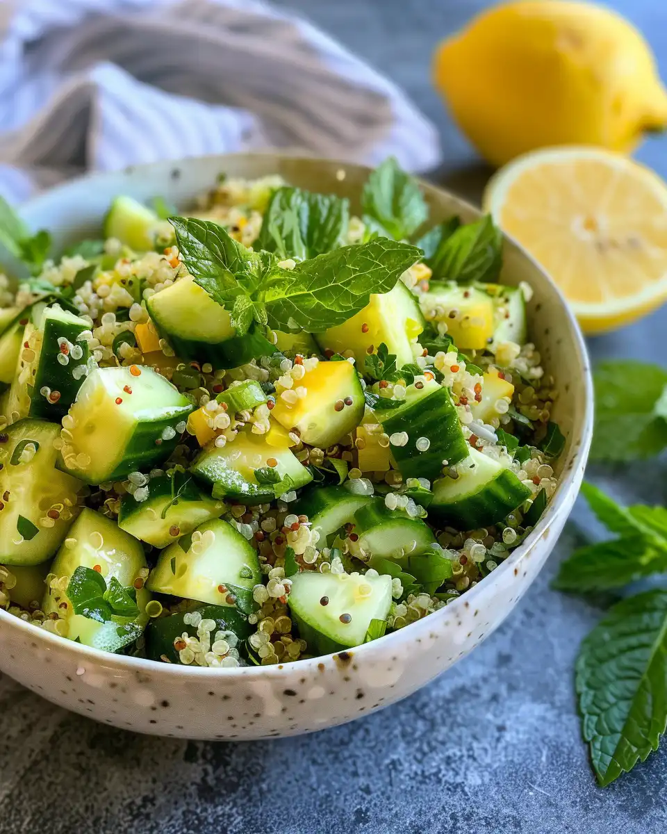 Ingredients and chopped vegetables for cucumber quinoa summer salad