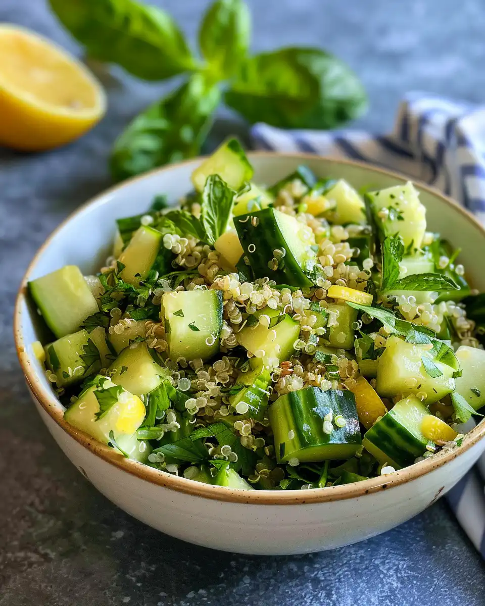 Final plated cucumber quinoa summer salad served fresh