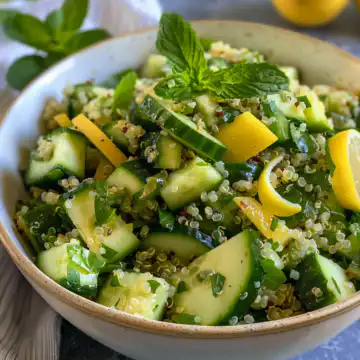Cucumber Quinoa Summer Salad With Lemon Vinaigrette taken with iphone 15 pro max --iw 2 --ar 4:5 --v 6.0 --raw