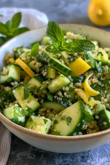 Cucumber Quinoa Summer Salad With Lemon Vinaigrette taken with iphone 15 pro max --iw 2 --ar 4:5 --v 6.0 --raw