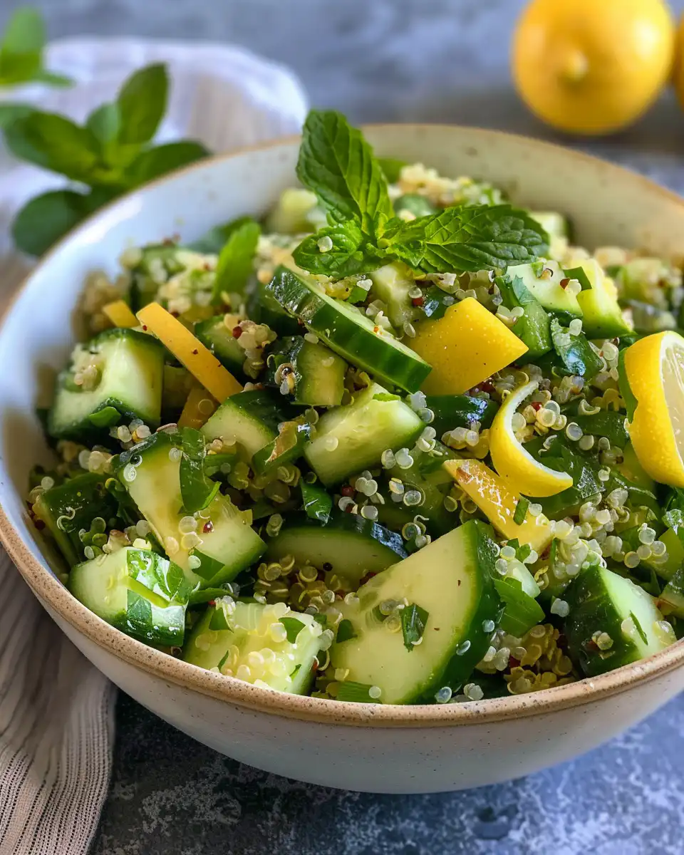 Fresh cucumber quinoa summer salad with lemon vinaigrette in bowl