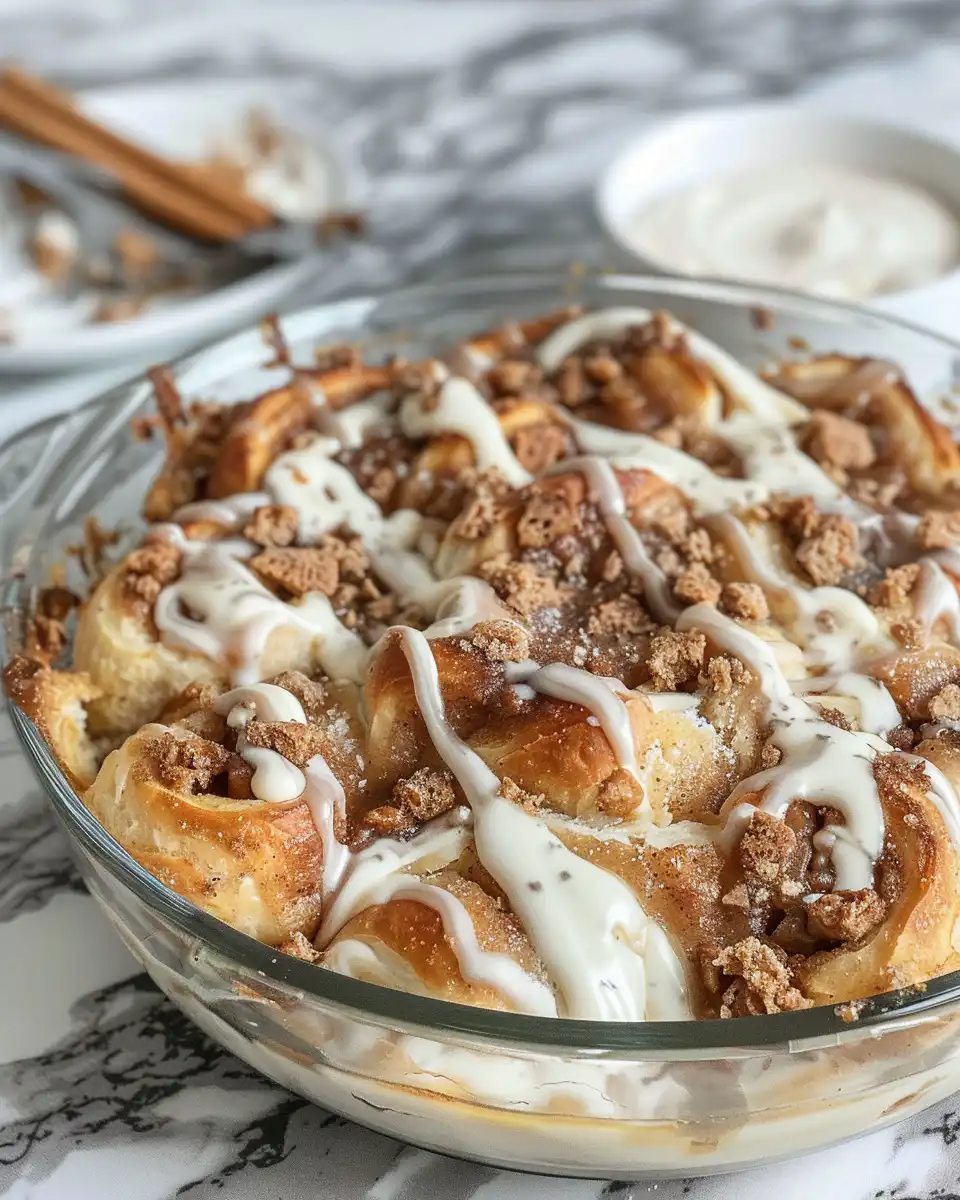 Final baked cinnamon roll casserole with icing drizzle