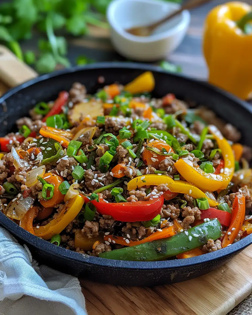 Ingredients including ground beef, mixed summer vegetables, soy sauce, garlic and ginger powder