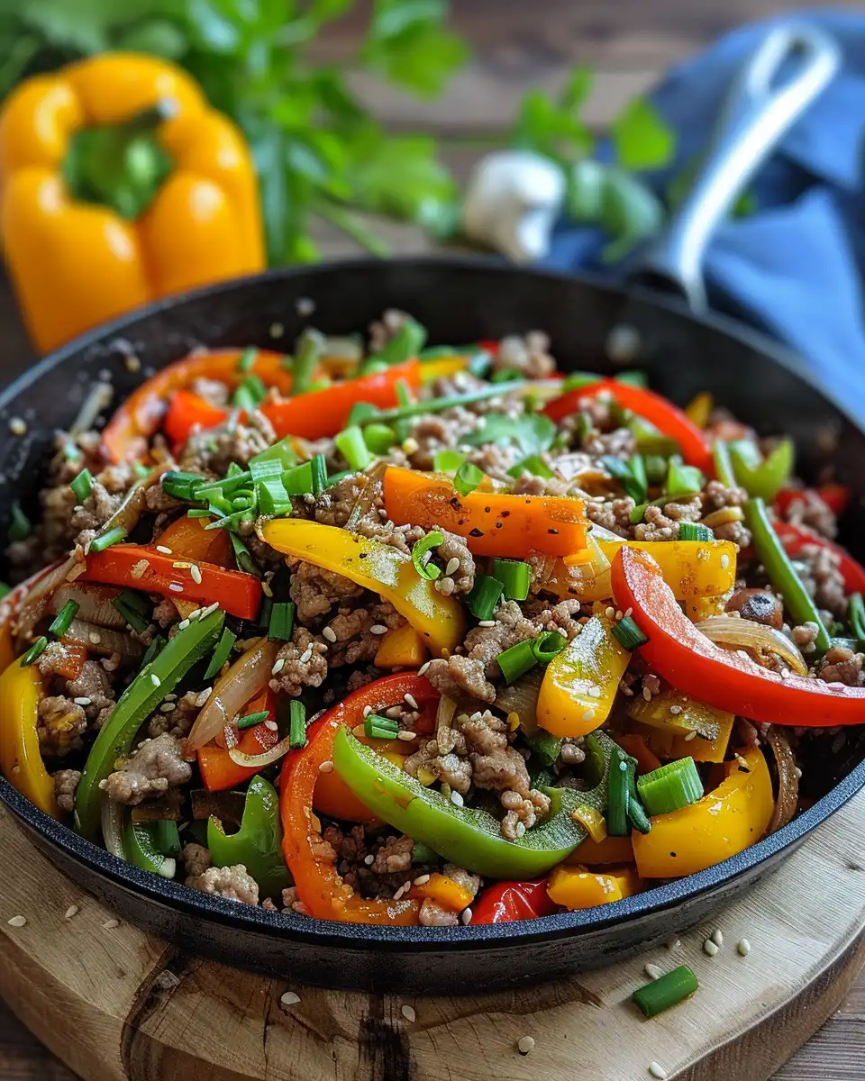Plated easy ground beef stir fry with summer vegetables ready to serve