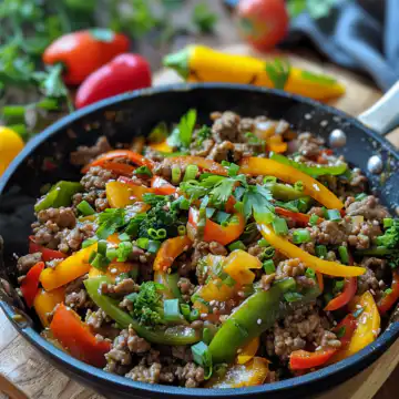 Easy Ground Beef Stir Fry With Summer Vegetables taken with iphone 15 pro max --iw 2 --ar 4:5 --v 6.0 --raw