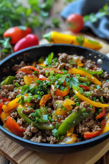 Easy Ground Beef Stir Fry With Summer Vegetables taken with iphone 15 pro max --iw 2 --ar 4:5 --v 6.0 --raw
