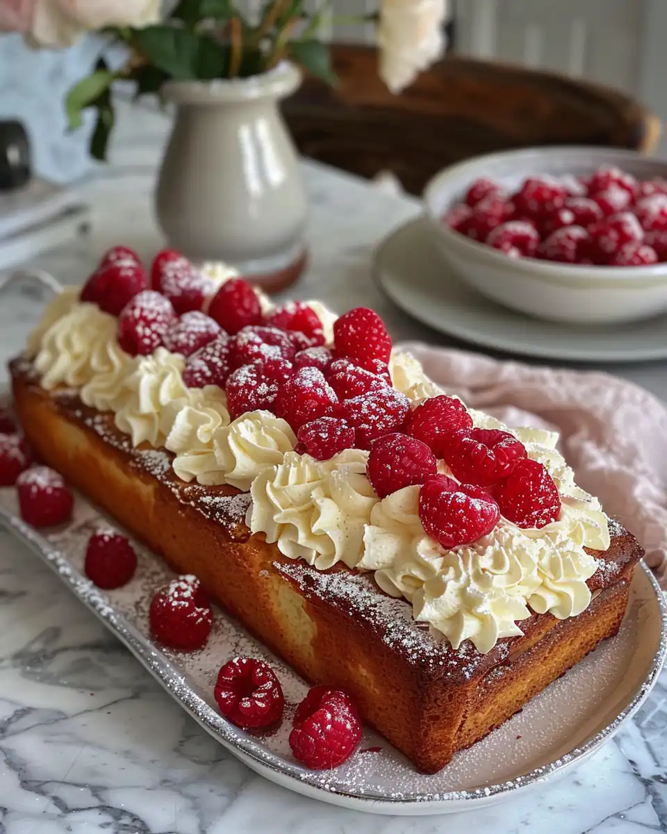 Freshly baked summer raspberry loaf cake in kitchen setting