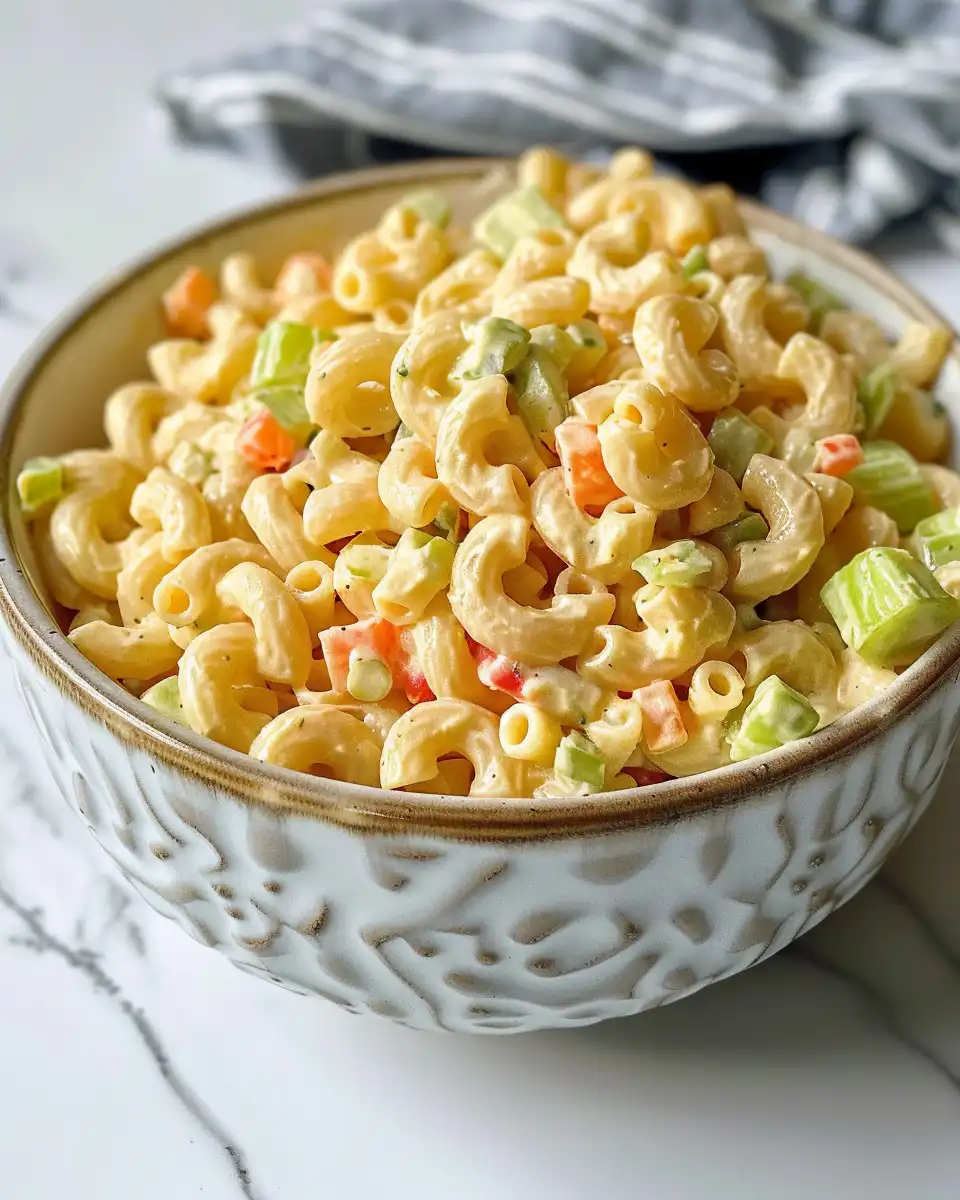 Close-up of creamy vegan macaroni salad showing fresh herbs and veggies