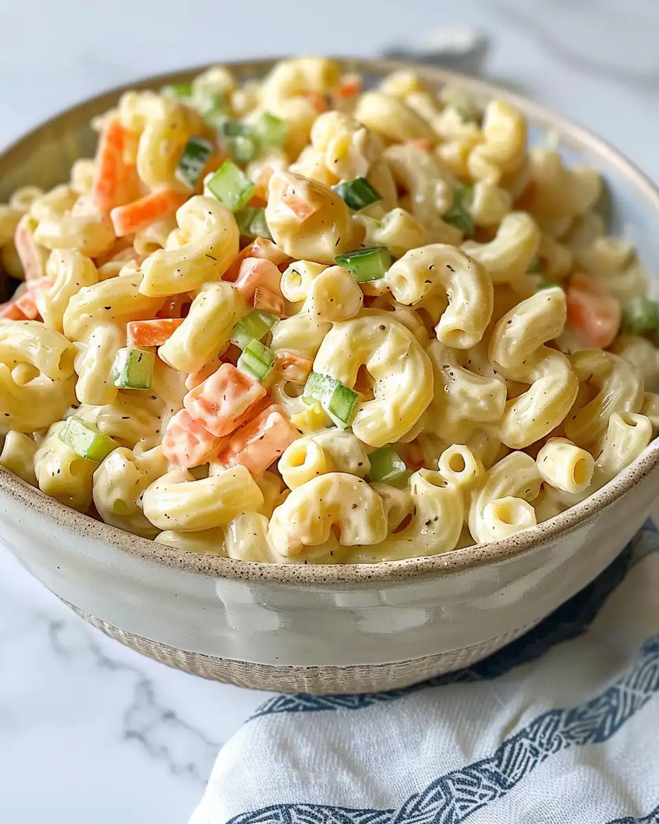 Creamy vegan macaroni salad ready to eat in a bowl, showing tender noodles and fresh veggies