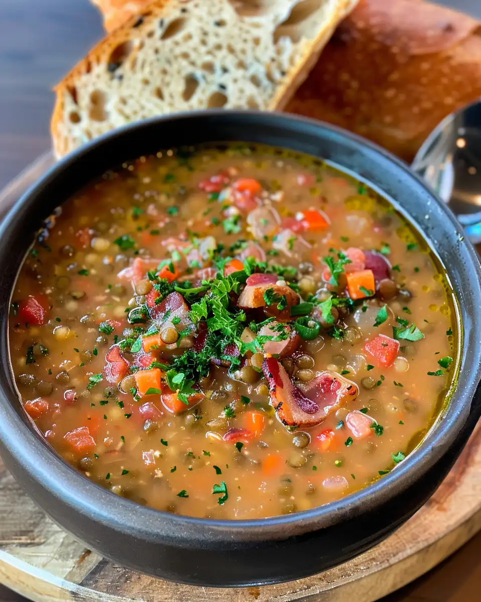 Ingredients for French lentil bacon soup with fresh vegetables and spices