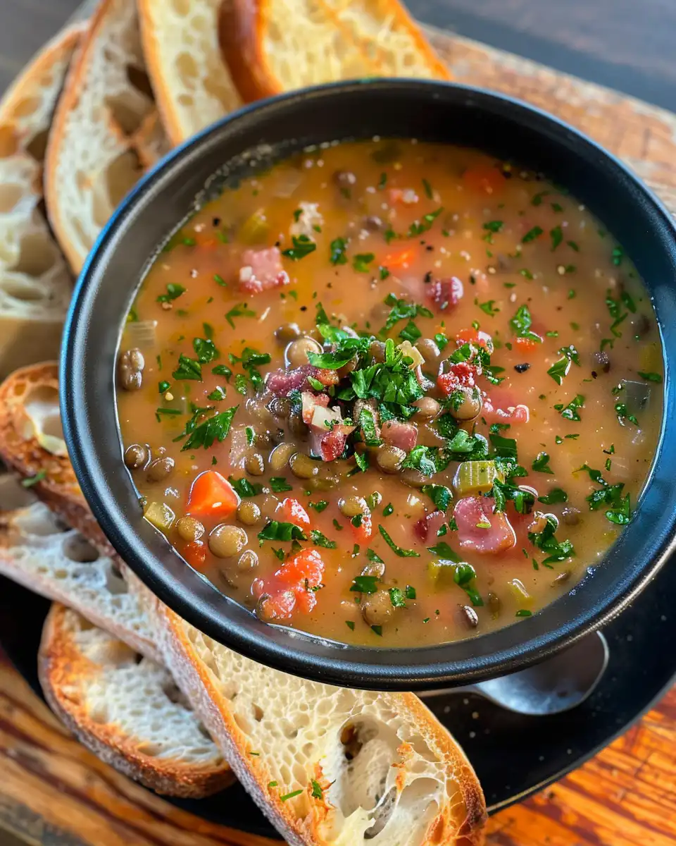 Finished French lentil bacon soup served in a bowl with fresh parsley garnish