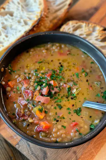 French Lentil Bacon Soup taken with iphone 15 pro max --iw 2 --ar 4:5 --v 6.0 --raw