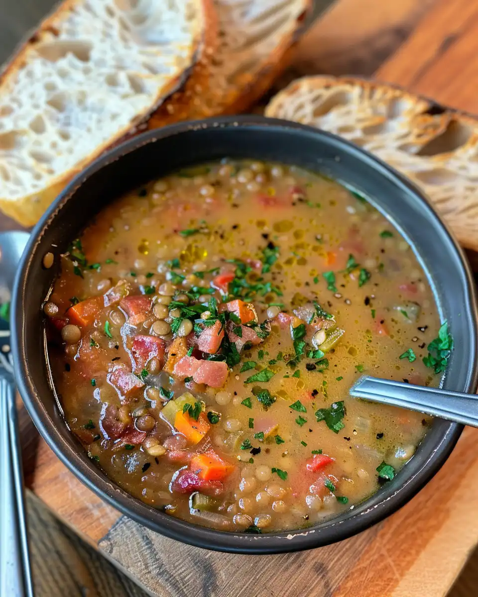 Steam rising from French lentil bacon soup in a cozy kitchen setting