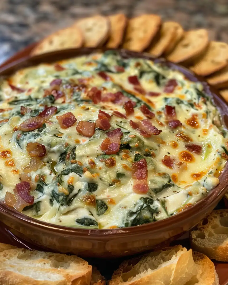 Ingredients for creamy spinach dip including cream cheese, bacon, spinach, and parmesan