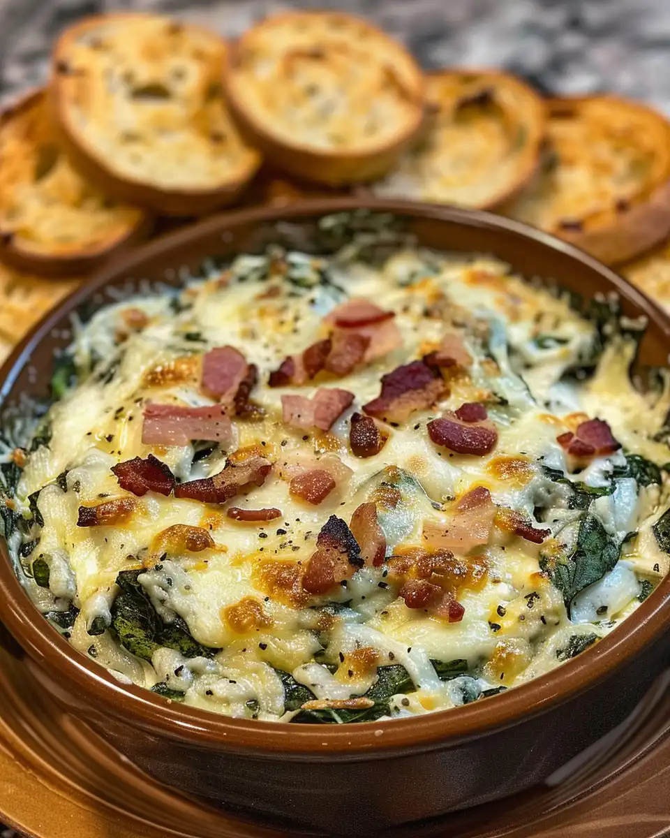 Baked spinach dip with bubbly cheese and crispy bacon topping