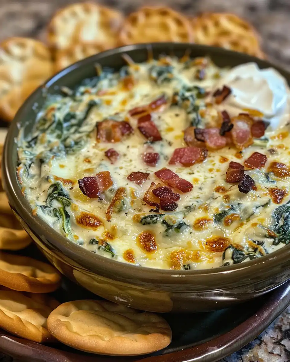 Creamy garlic bacon spinach dip bubbling in pressure cooker