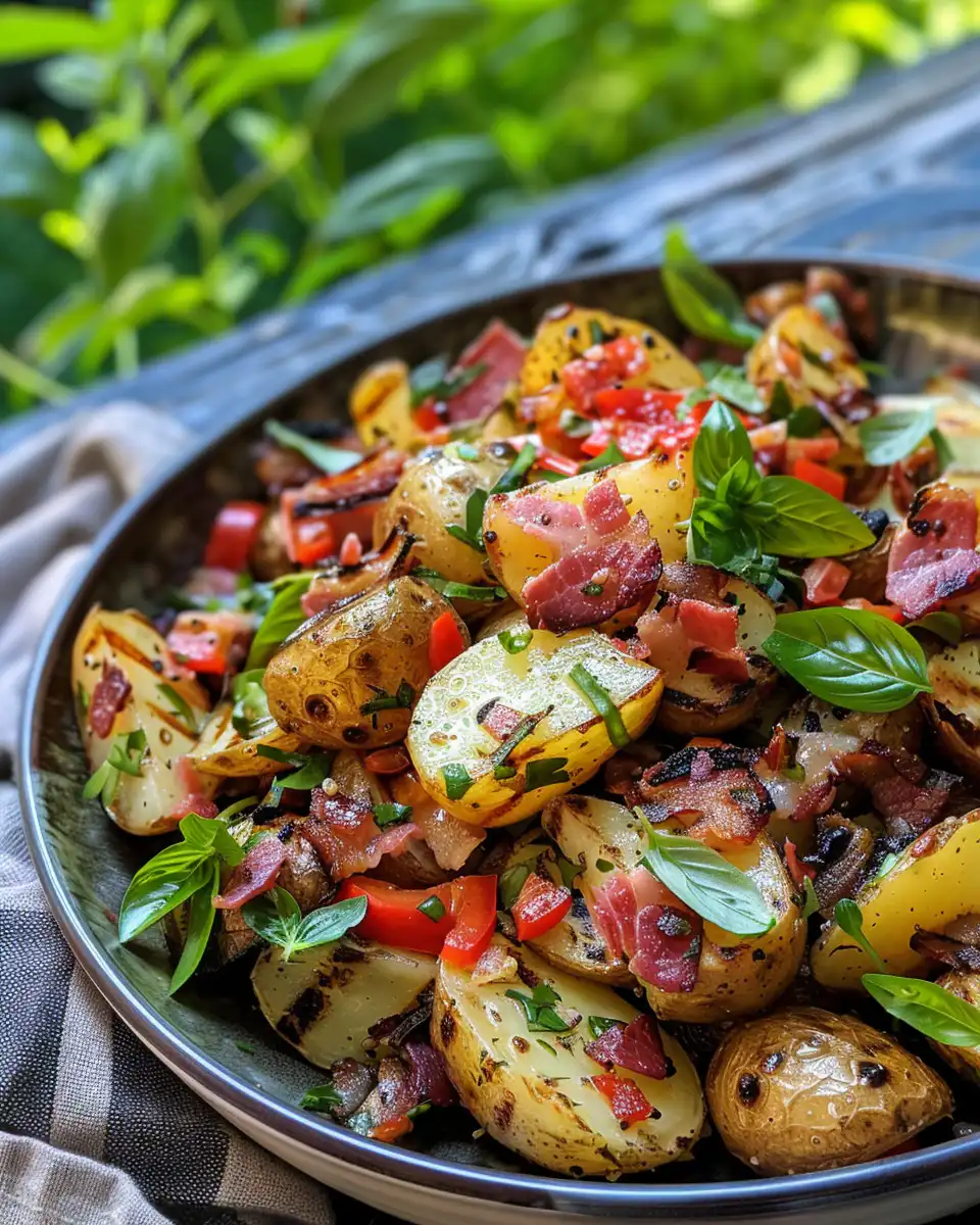 Ingredients for grilled potato salad including potatoes, bacon, and fresh herbs