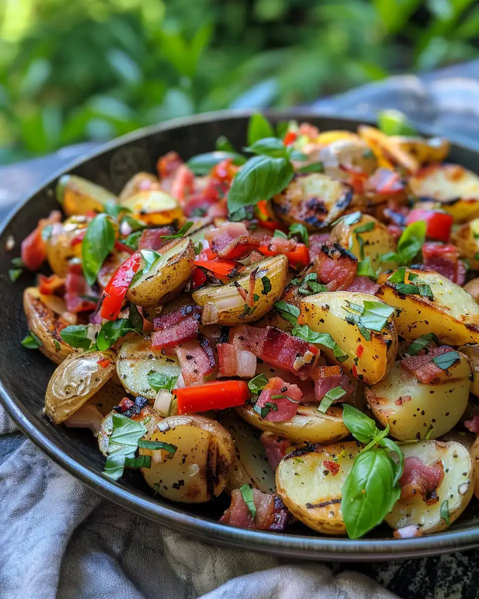 Final plated grilled potato salad with bacon and herbs