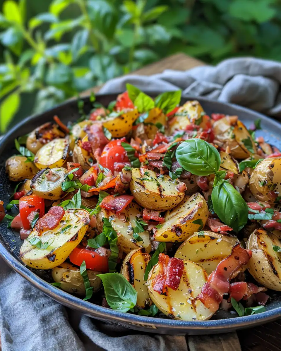 Fresh grilled potato salad with bacon vinaigrette served in bowl