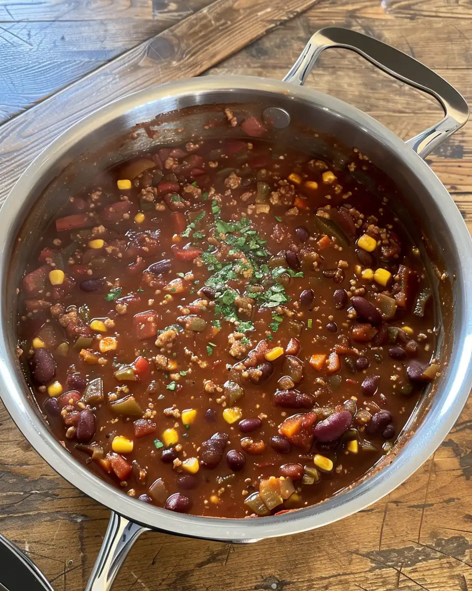 Ingredients for vegan chili including beans, spices, and vegetables displayed
