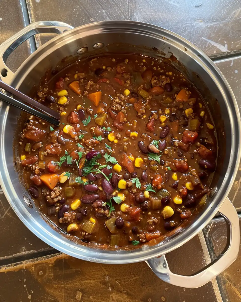 Bowl of finished vegan chili topped with avocado, cilantro, and vegan sour cream