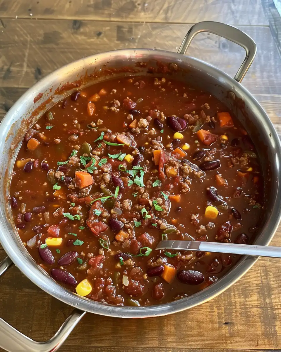Steaming pot of hearty vegan chili cooking in pressure cooker