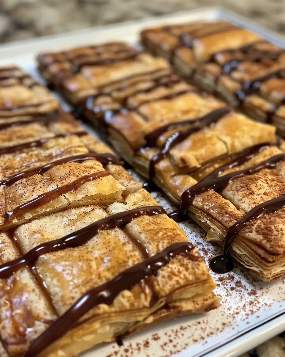 Freshly baked golden brown apple strudels dusted with powdered sugar