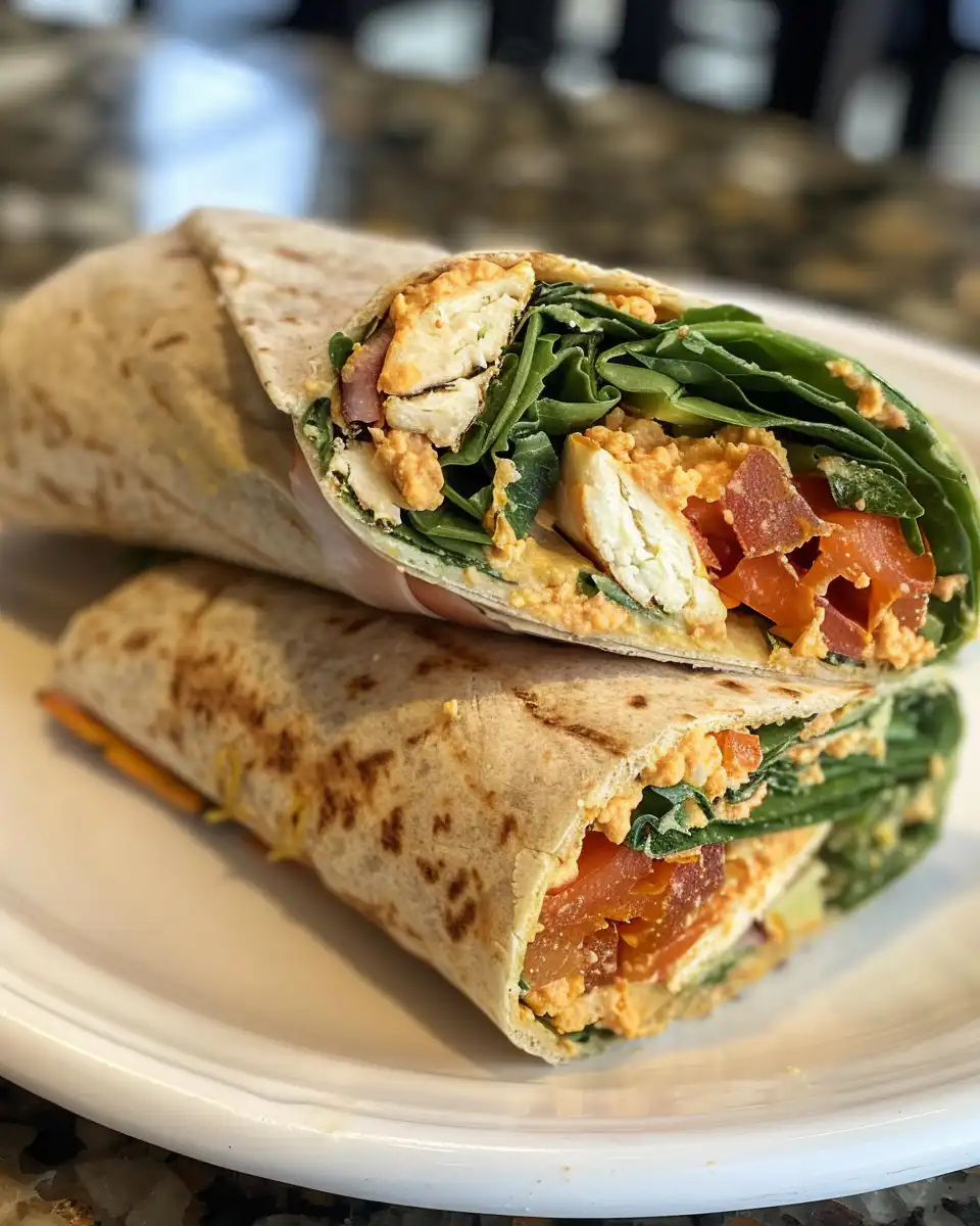 Close up of freshly wrapped hummus and veggie wrap sliced in half showing fresh ingredients