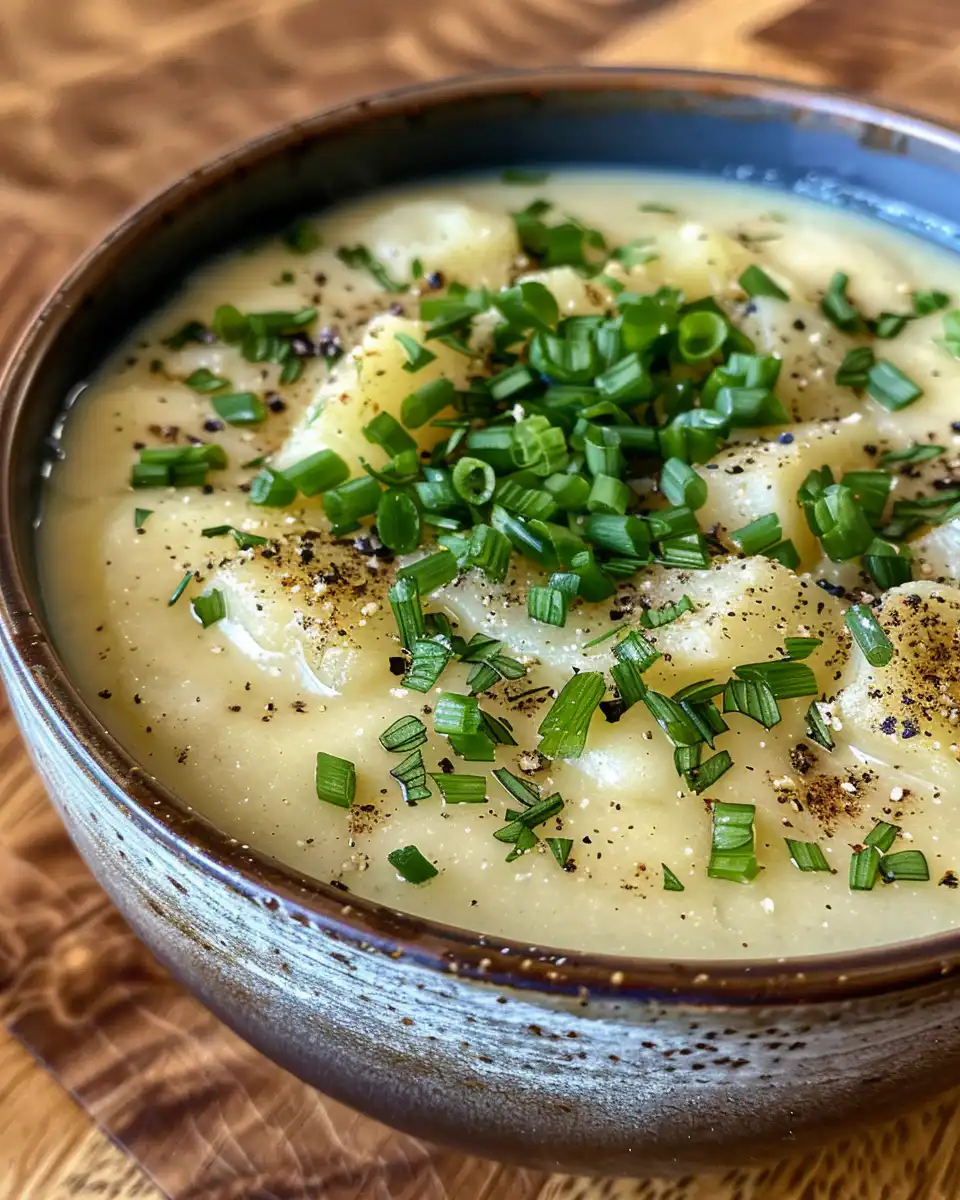 Final creamy Instant Pot potato soup garnished with cheddar and chives