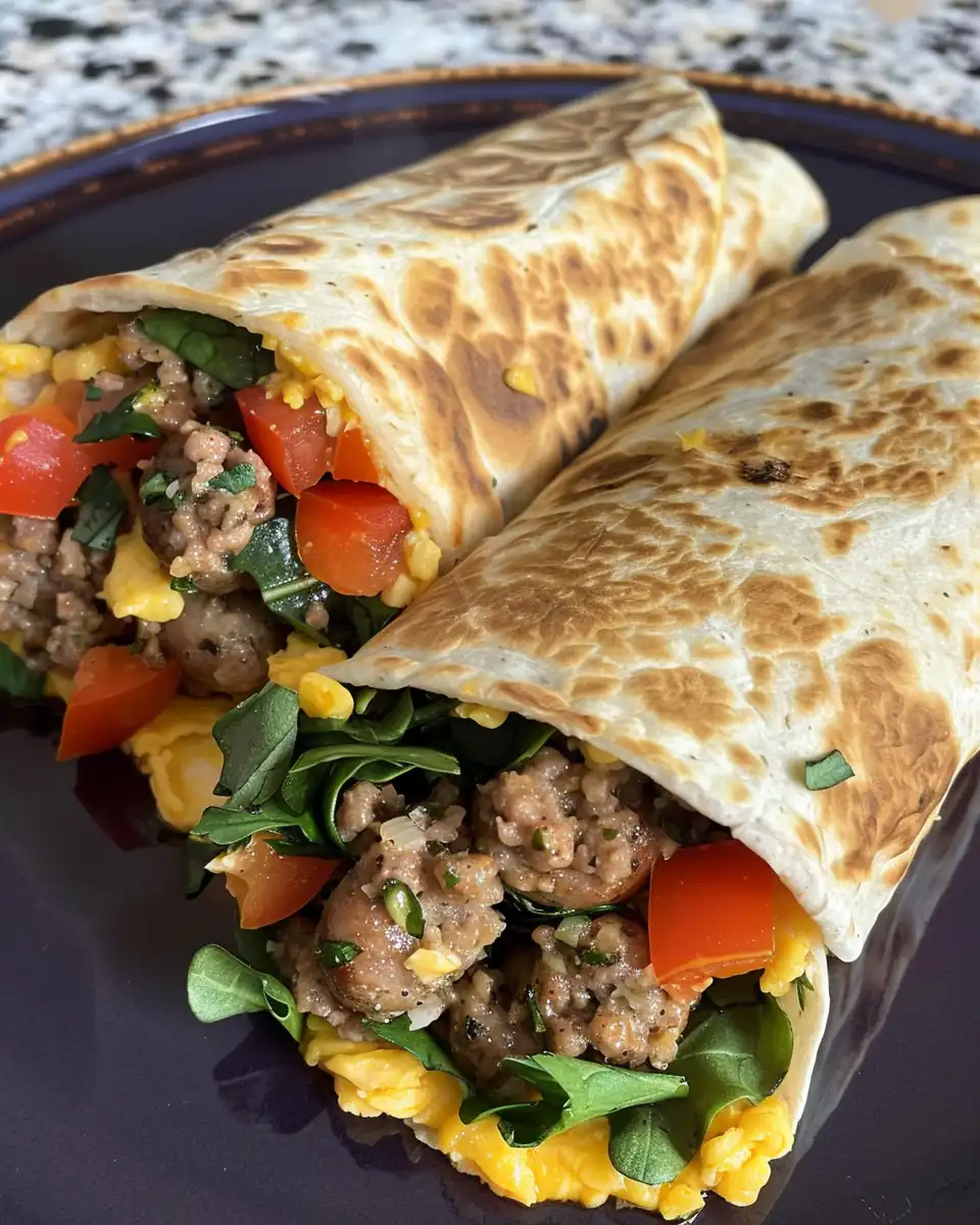 Final plated Italian sausage breakfast wraps rolled and ready to serve