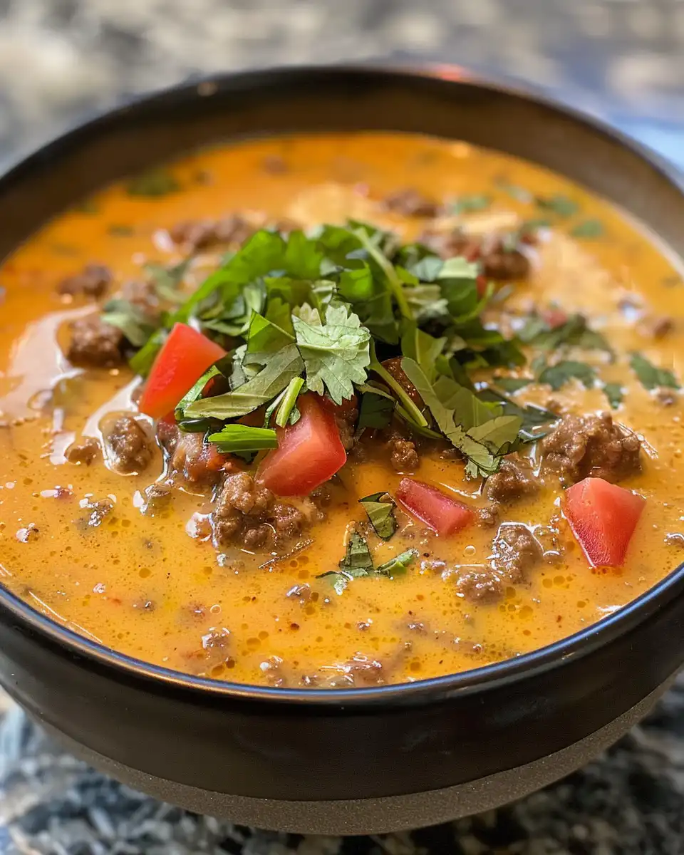 Bowl of finished keto bacon cheeseburger soup with cheese and bacon on top