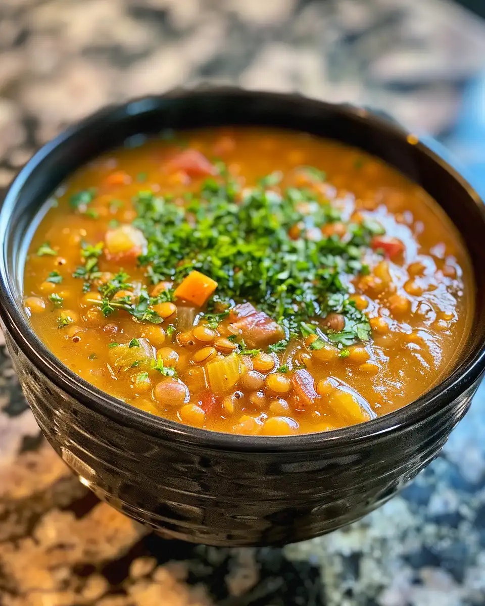 Serving bowls of finished bacon lentil soup with fresh parsley garnish