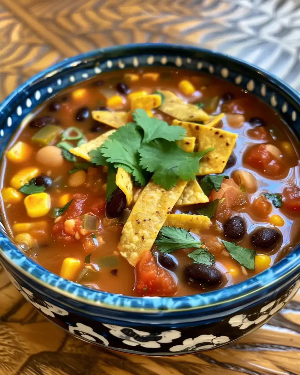 Final served vegan tortilla soup bowl garnished with avocado, cilantro, and lime
