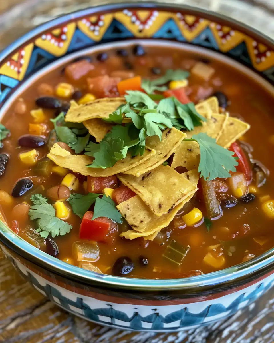Steaming vegan tortilla soup in pressure cooker with fresh garnishes