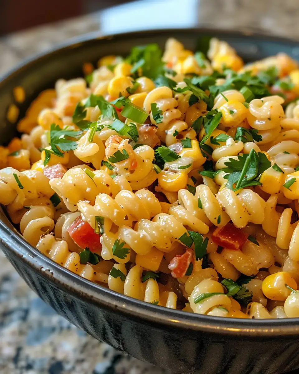 Close up of Mexican street corn pasta salad first bite