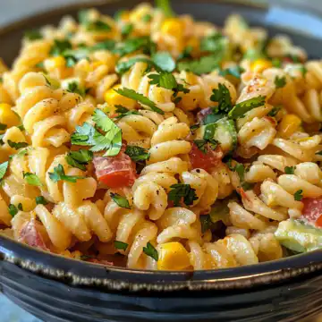 Mexican Street Corn Pasta Salad taken with iphone 15 pro max --iw 2 --ar 4:5 --v 6.0 --raw