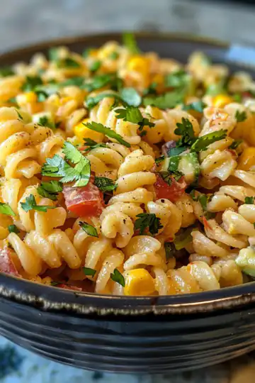 Mexican Street Corn Pasta Salad taken with iphone 15 pro max --iw 2 --ar 4:5 --v 6.0 --raw