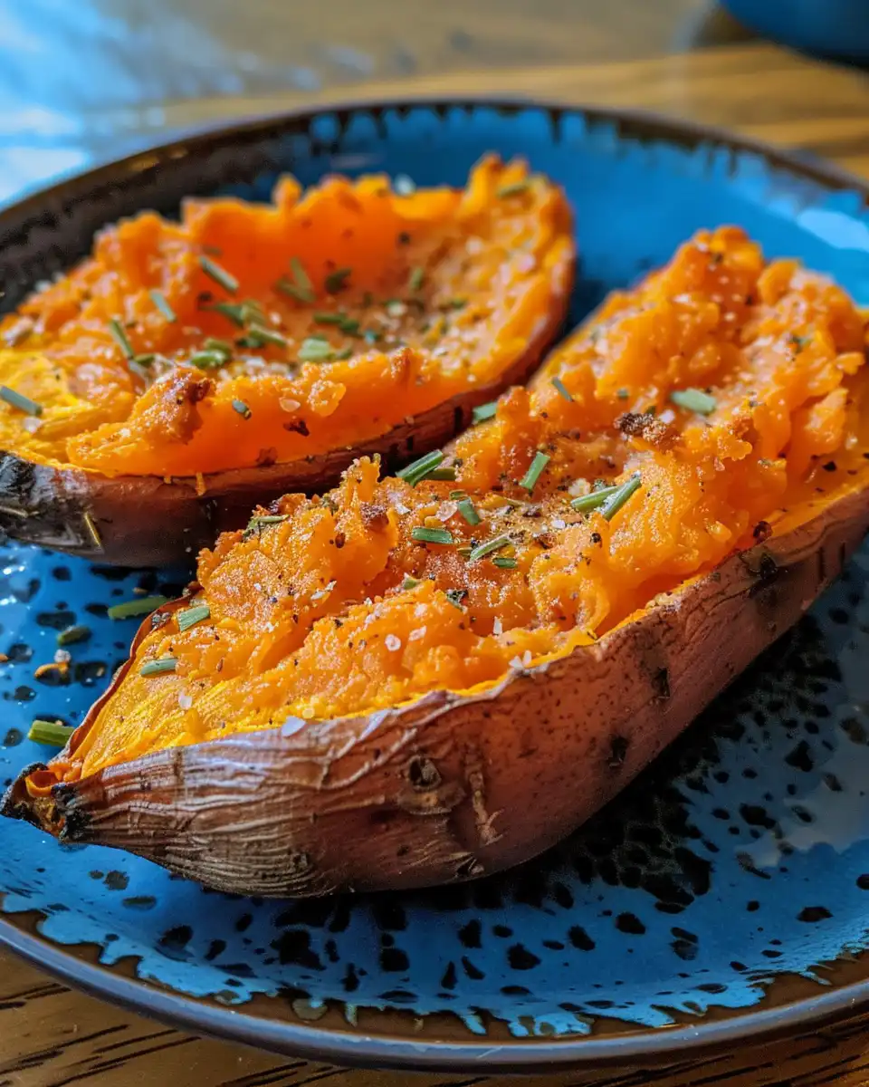 Perfectly baked sweet potatoes plated and ready to serve