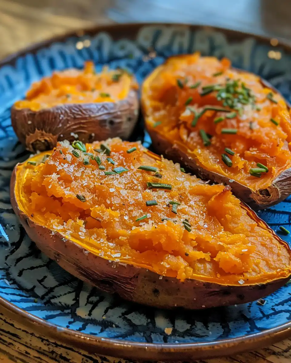 Steam rising from oven-baked sweet potatoes fresh from the oven