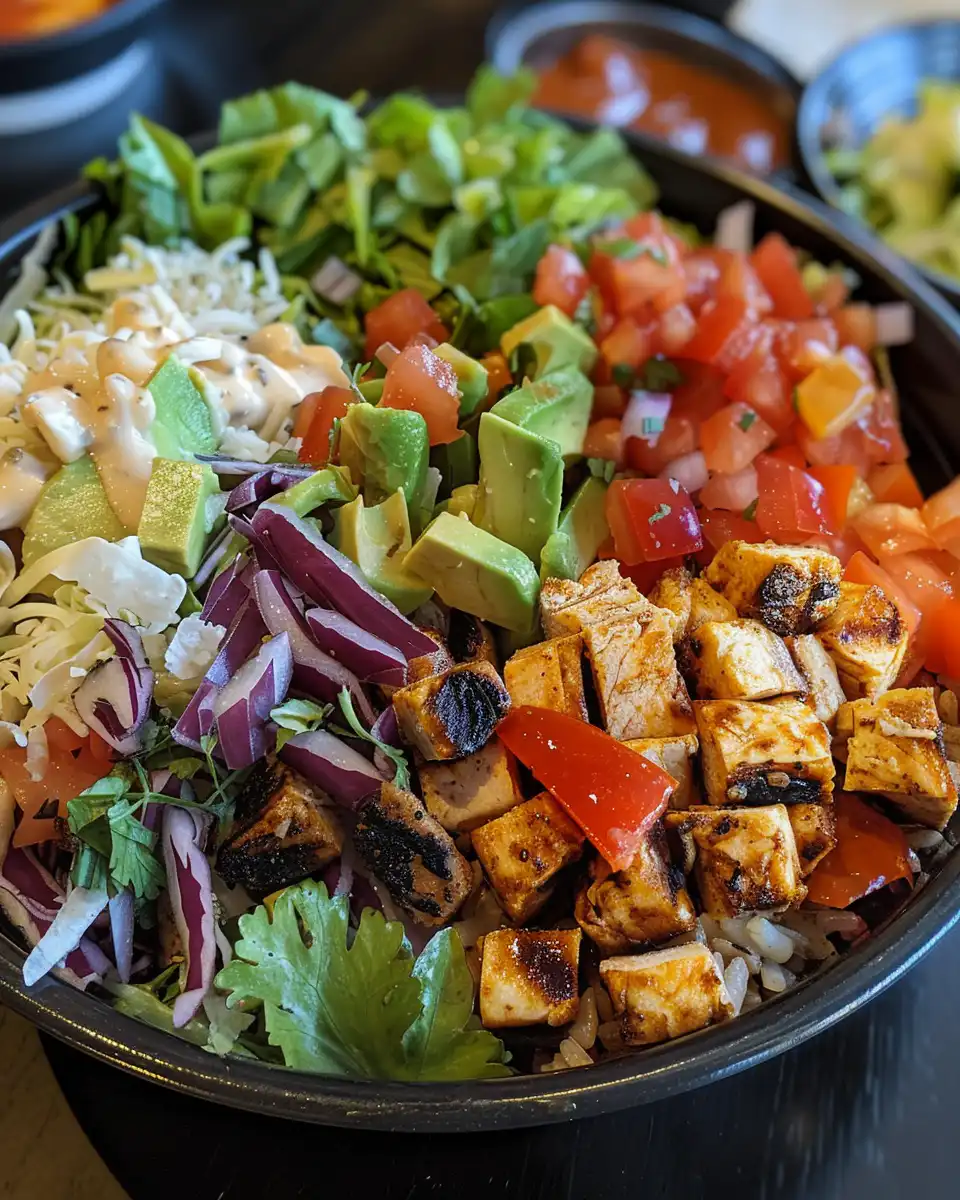 Ingredients including cauliflower rice, grilled chicken, black beans, salsa, and avocado