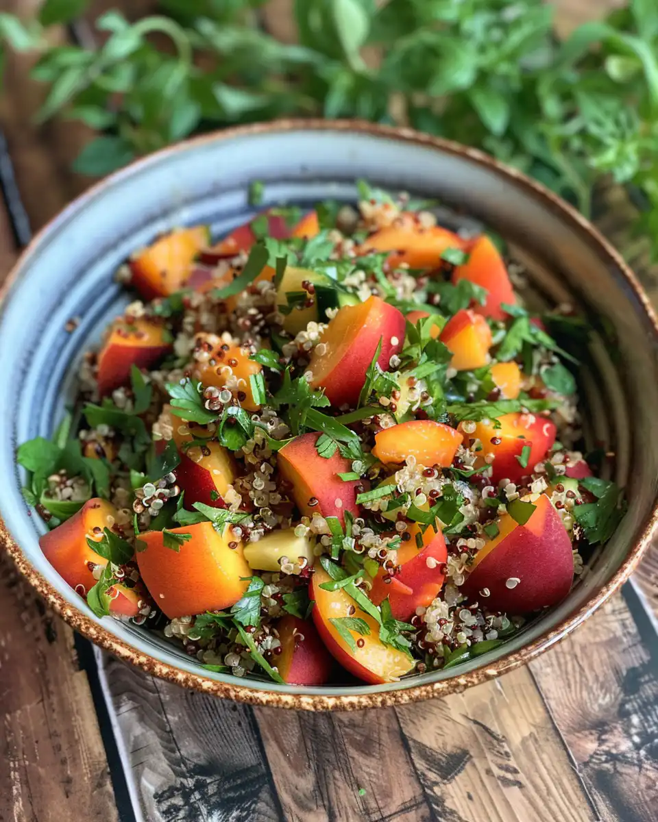 Fresh ingredients for peach quinoa summer salad including peaches and avocado