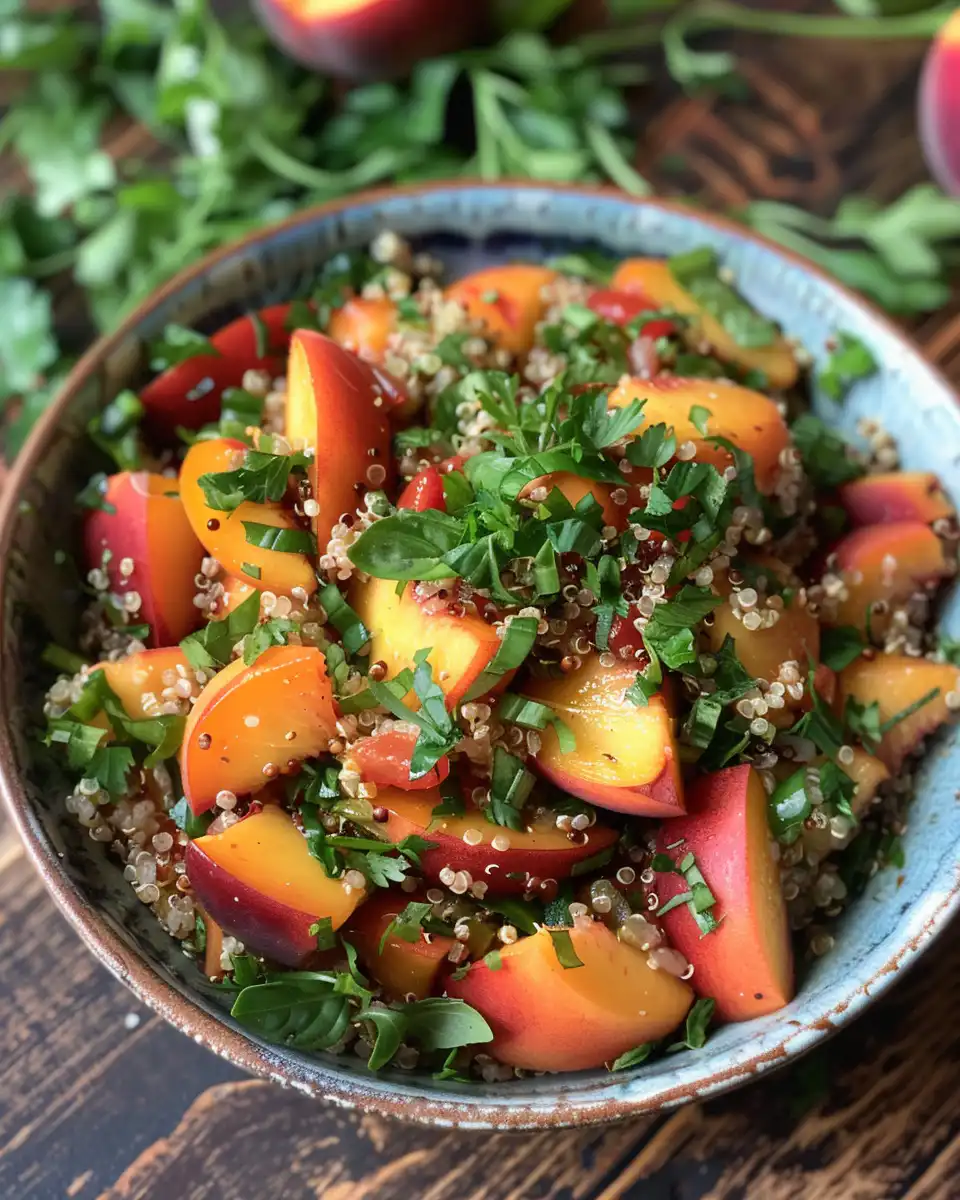 Plated peach quinoa summer salad fresh and ready to serve