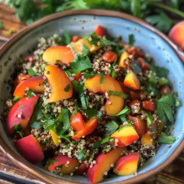 Peach & Quinoa Summer Salad taken with iphone 15 pro max --iw 2 --ar 4:5 --v 6.0 --raw