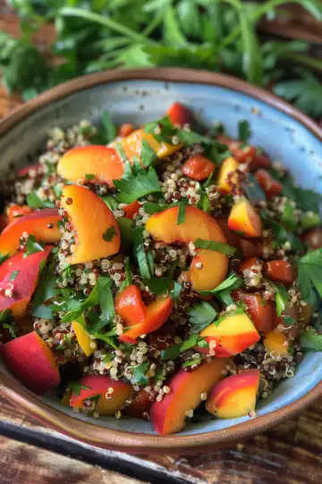 Peach & Quinoa Summer Salad taken with iphone 15 pro max --iw 2 --ar 4:5 --v 6.0 --raw